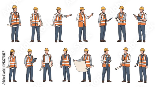Construction Worker CAD Block Set with Engineers and Site Supervisors in Safety Vest and Hard Hat for Architectural Elevation Drawings
