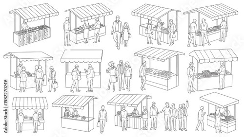 Market Stall CAD Block Set with People and Vendor Booths for Architectural Elevation, Urban Retail Planning Vector Collection