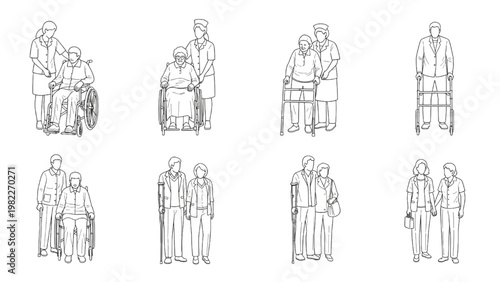 Elderly Patient Care CAD Block Set with Wheelchair, Walker and Assisted Senior Figures for Healthcare Architectural Elevation Drawings
