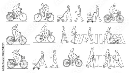 Urban Mobility CAD Block Set with Cyclists, Pedestrians, Strollers and Crosswalk Figures for Streetscape Elevation Drawings
