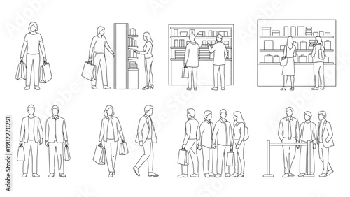 Minimal Line Art Retail Human Figures Set Showing Shopping, Queueing and Store Interaction Scenes