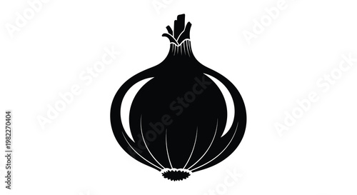 A stark black silhouette depicts a single onion with clearly defined layers and root structure