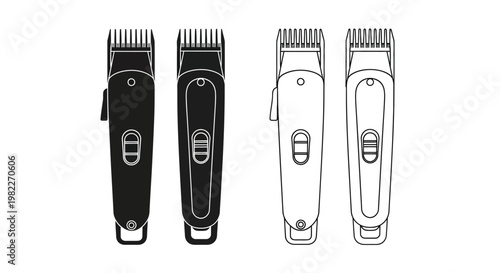 Four hair clippers depicted in a black and white silhouette