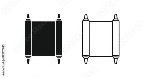 Two scroll designs one filled and one outlined shown in black silhouette