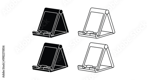 Four depictions of a phone stand in black and white silhouette