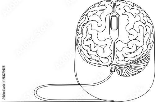 One Line Drawing of Computer Mouse and Brain Cable - Digital Productivity and Work Concept