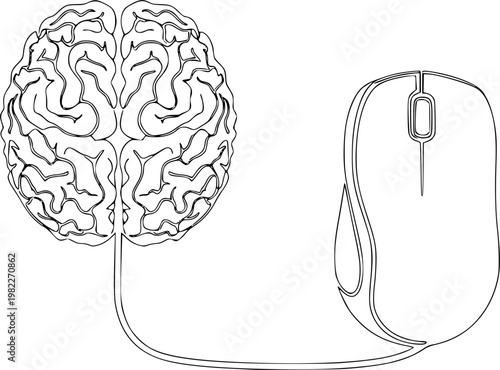 One Line Drawing of Computer Mouse and Brain Cable - Digital Productivity and Work Concept