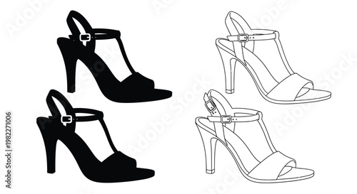 Elegant high heeled sandals depicted in contrasting styles filled and outline silhouette