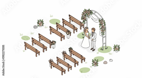 Isometric Outdoor Wedding Ceremony Illustration with Bride, Groom, and Floral Arch