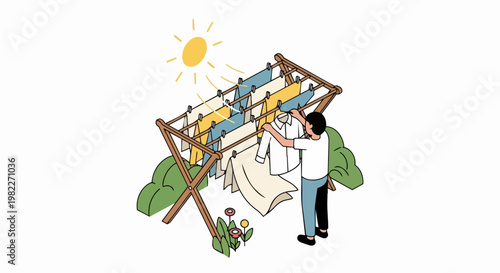 Isometric Illustration of a Man Hanging Laundry on a Wooden Drying Rack Outdoors in the Sun; Sustainable Living and Household Chores Concept