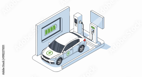 Isometric Vector Illustration of an Electric Vehicle Charging at a Station with a Battery Level Display, Concept of Eco-Friendly Sustainable Transportation and Smart City.
