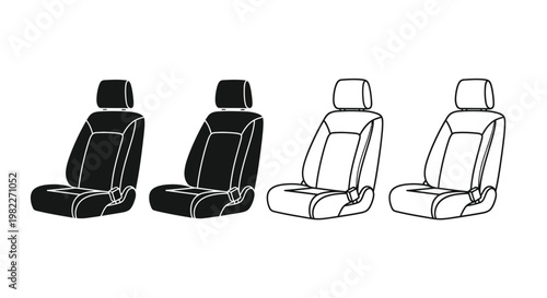Four car seats displayed in a black and white illustration silhouette