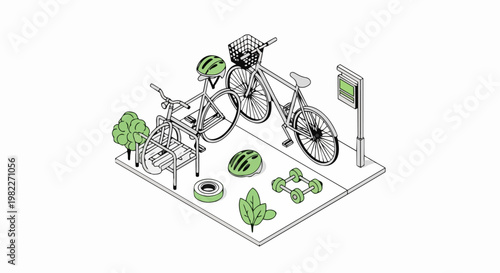 Isometric Line Art Illustration of a Modern Bicycle Sharing Station and Fitness Hub