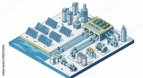 Isometric Solar Powered Desalination Plant and Water Treatment Facility Vector Illustration, Sustainable Green Energy and Clean Water Technology Concept