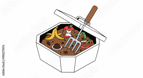 Organic Waste Compost Bin Illustration with Garden Fork, Banana Peel, and Apple Core - Eco-Friendly Sustainable Gardening Concept
