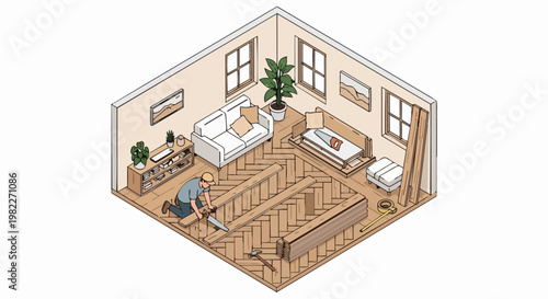 Isometric Illustration of Man Installing Herringbone Parquet Wood Flooring in a Living Room for Home Renovation and DIY Project