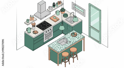 Modern Isometric Kitchen Interior Illustration with Sage Green Cabinets and Terrazzo Island