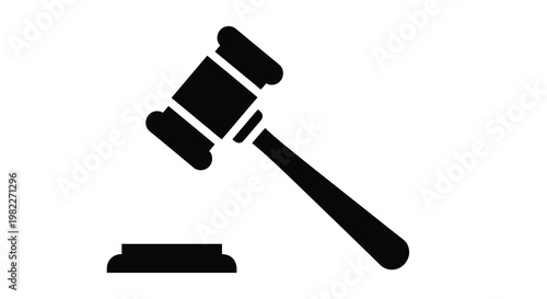 A simple black and white illustration depicts a gavel resting on a sounding block high quality
