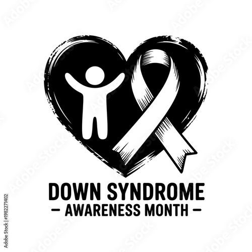 Down syndrome awareness month heart silhouette with child and ribbon graphic.