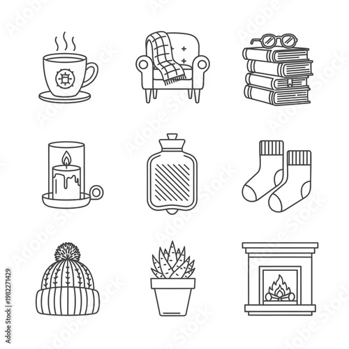 Cozy Winter Icons: Hot Drink, Armchair, Books, Candle, Hot Water Bottle, Socks, Hat, Plant, Fireplace