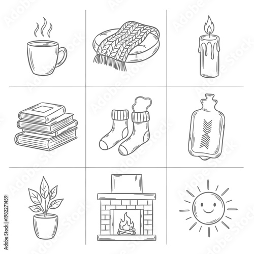 Cozy Winter Icons: Hot Drink, Scarf, Candle, Books, Socks, Hot Water Bottle, Plant, Fireplace, Sun