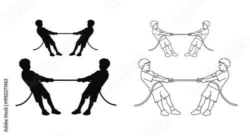Children engaged in a tug of war competition depicted as a silhouette