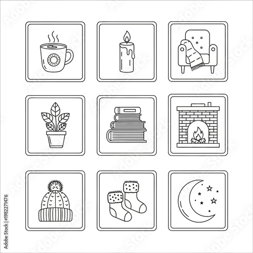 Cozy Winter Icons Set: Fireplace, Hot Drink, Books, Candle, Moon, Hat, Stockings