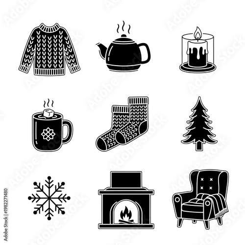 Cozy Winter Icons: Sweater, Hot Drink, Candle, Socks, Fireplace, Christmas Tree, Snowflake