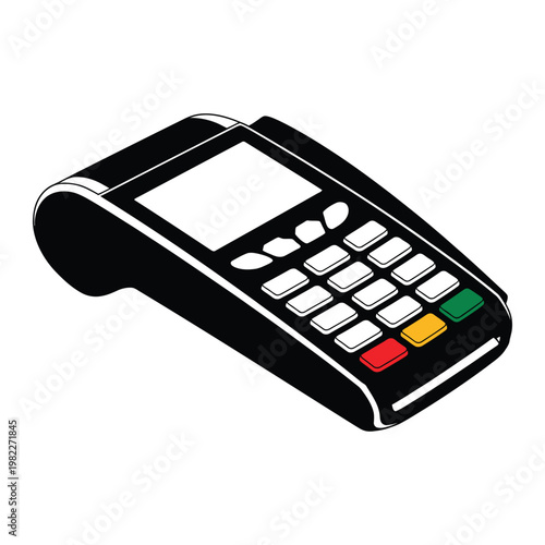 A modern black pos terminal with a blank screen and button controls a striking silhouette