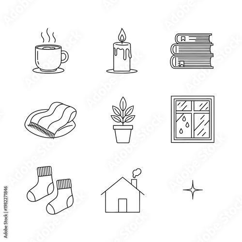 Cozy Home Icons: Tea, Candle, Books, Blanket, Plant, Window, Socks, House, Star
