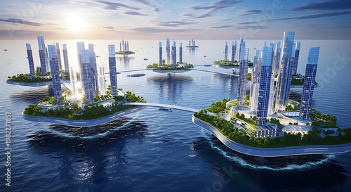 Futuristic city architecture features high-rise residential towers constructed on interconnected floating islands surrounded by deep blue ocean waters under a clear sunset sky.