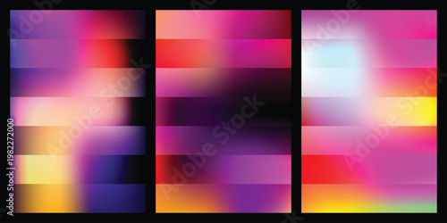 Colorful abstract gradient backgrounds with rectangular shapes and black borders  vibrant hues of pink purple yellow orange and blue