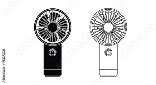 Two handheld fans depicted in contrasting styles a black silhouette