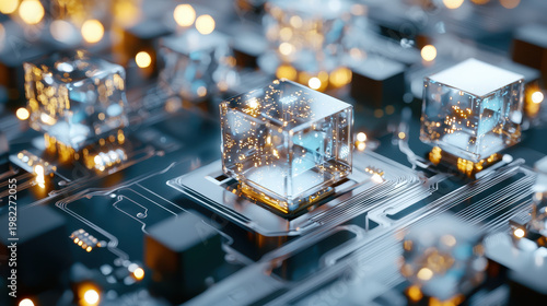 Close up view of futuristic quantum computer system featuring illuminated transparent cubes circuit board, showcasing advanced technology