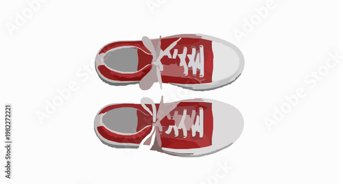 Top view red and white sneakers flat lay realistic footwear vector illustration modern shoe design isolated on white background