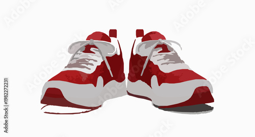Realistic red and white sport sneakers pair front view clean modern footwear vector illustration isolated on white background