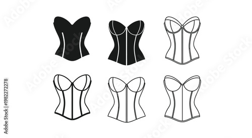 Various corset designs presented in a black and white silhouette
