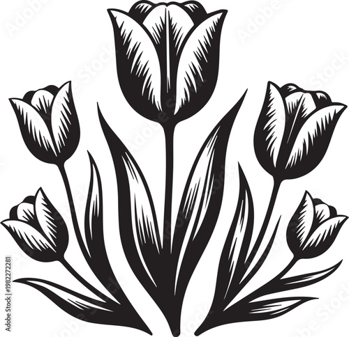 Elegant black and white illustration of five tulips in a symmetrical arrangement