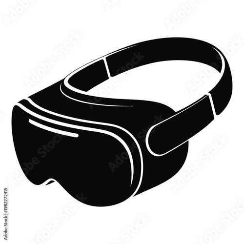 A sleek black virtual reality headset is displayed in a bold striking silhouette