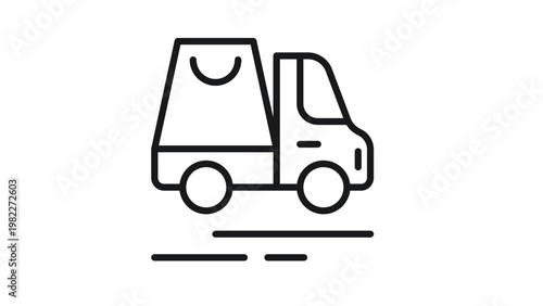Black vector icon illustration of a delivery truck carrying a large shopping bag, representing fast shipping, e-commerce logistics, online retail delivery, and commercial transport services.