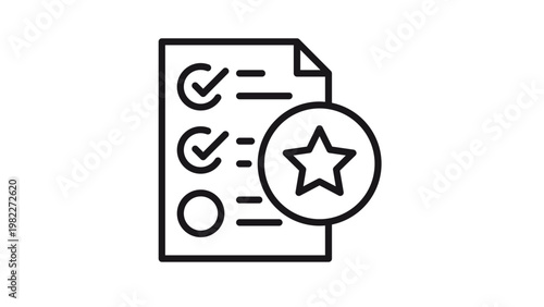 Minimalist black line vector icon of a checklist with checkmarks and a prominent star symbol, representing a wishlist, favorite list, top priorities, rating, or quality review illustration.