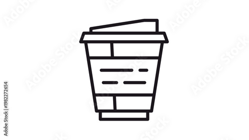 Minimalist black line art vector icon of a disposable coffee cup with a lid and sleeve, ideal for cafe branding, takeout beverage menus, morning routine graphics, and scalable web design.
