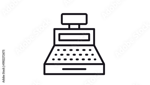 Minimalist black vector icon of a cash register, professional line art illustration for retail, commerce, and point of sale systems, scalable graphic symbol for business and finance applications.