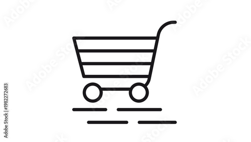 Minimalist black line art vector icon illustration of a shopping cart or grocery trolley on wheels, symbolizing e-commerce, retail business, online shopping, and consumerism, isolated on white.