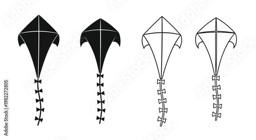Four kites displayed in varying styles including a stark silhouette