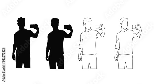 Canvas Print Four stages of a man taking a photo from dark to light silhouette
