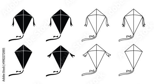 Four kite designs shown in varying styles including a silhouette