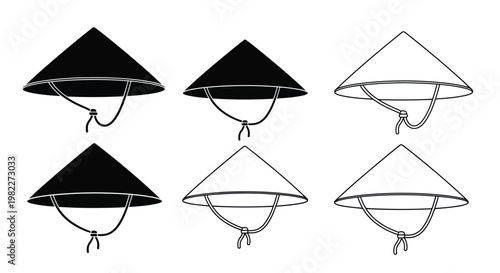 Three traditional asian conical hats shown in varying styles silhouette