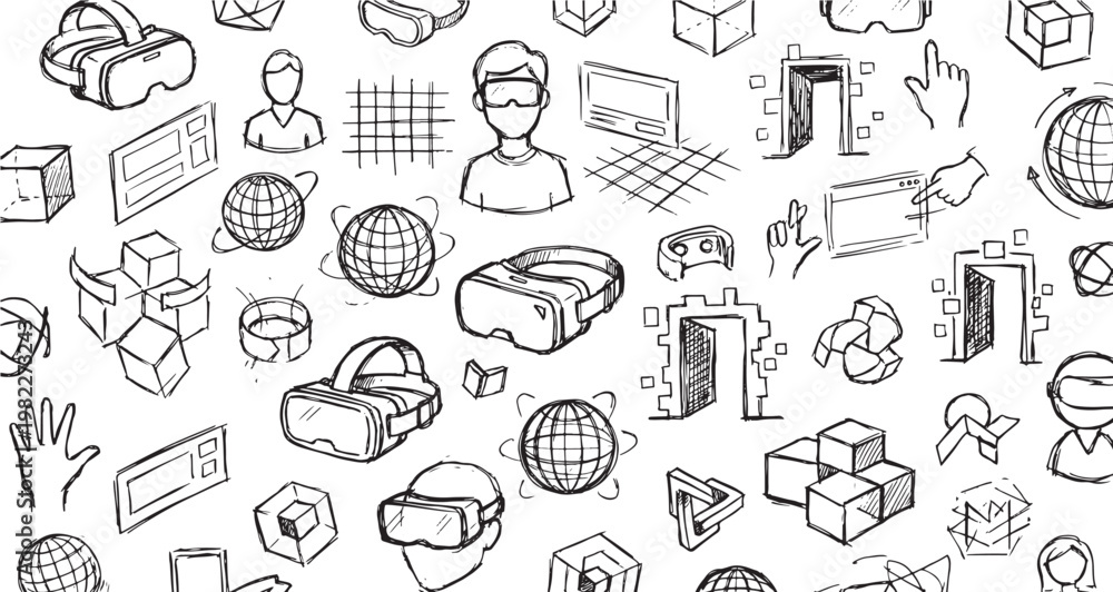 Fototapeta premium Metaverse and Virtual Reality Doodles Set Pack. Editable Vector Stroke Illustration. featuring virtual, reality, augmented, metaverse, technology, innovation, future, digital, vr, ar more doodles.