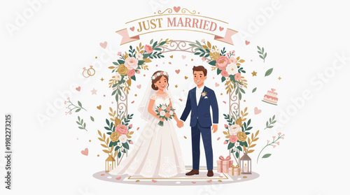 Love's Eternal Embrace: An illustration of a radiant couple, hand in hand, stands beneath a floral arch, their hearts entwined in the promise of a joyful journey.